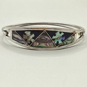 Vtg Silver Alpaca Mexico Mother of Pearl Bracelet Abalone Bangle Mountain Flower
